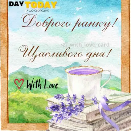 Щасливого дня! Доброго ранку! картинка з чашкою та лавандою на вікні | Вітальна листівка - Доброго ранку - Добрий день - Теплі листівки - Листівки на Міжнародний день щастя - Листівки на День щастя
