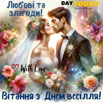 З днем весілля! Любові та злагоди! тепла листівка з побажаннями для наречених з квітами | Вітальна листівка - Весільні листівки - З днем весілля