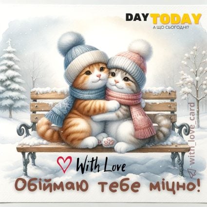Обіймаю тебе міцно! ! листівка з котиками, що обіймаються | Вітальна листівка - Теплі листівки - Листівка з обіймами - Листівка на День Обійміть своїх дітей - Листівки на Міжнародний день обіймів