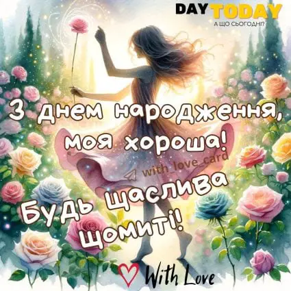 З Днем народження, моя хороша! Будь щаслива щомиті! картинка з дівчиною та квітами |Вітальна листівка - Листівки з днем народження - Жінкам ДН - Донечці ДН - Сестрі ДН - Подрузі ДН