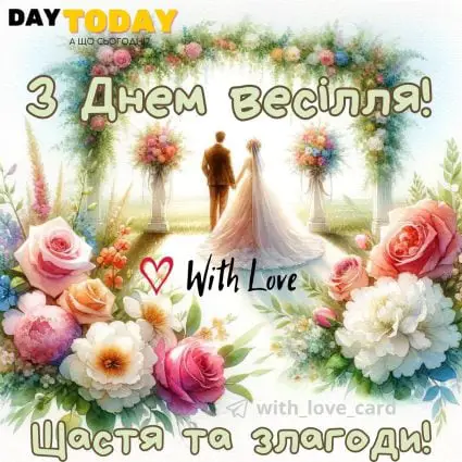 З днем весілля! щастя та злагоди! тепла листівка з квітами для наречених або на річницю весілля |Вітальна листівка - Весільні листівки - З днем весілля