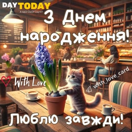 З Днем народження! Люблю завжди! картинка з квітами та котиком листівка для чоловіків або для жінок | Вітальна листівка - Листівки з днем народження - З квітами ДН - Прикольні ДН