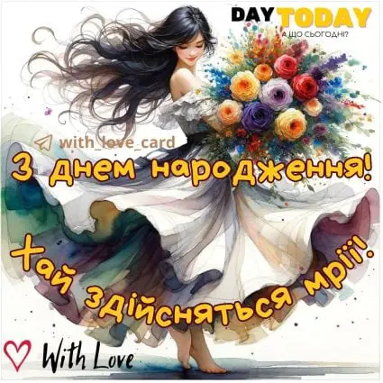 З Днем народження! Хай здійсняться мрії! картинка з квітами для жінки, дівчини, подруги, сестри дочки |Вітальна листівка - Листівки з днем народження - Жінкам ДН - Донечці ДН - Сестрі ДН - Подрузі ДН