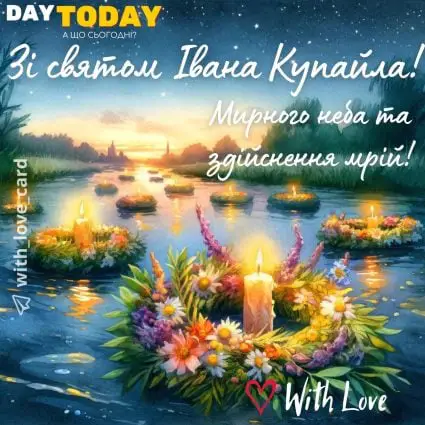 Зі святом Івана Купайла! Здійснення мрій! картинка з віночками та свічками на воді на Івана Купала | Вітальна листівка - Листівка на Івана Купала