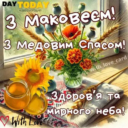 З Маковеєм! Зі святом Маковія! З Медовим спасом! Миру й злагоди, здоровʼя! листівка на Перший Спас | Вітальна листівка - З медовим спасом - Листівка на Маковея