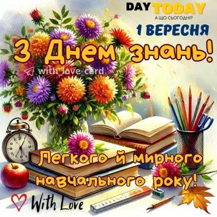 З Днем знань! Легкого й мирного навчального року! тепла листівка з квітами | Вітальна листівка - Листівка на День знань