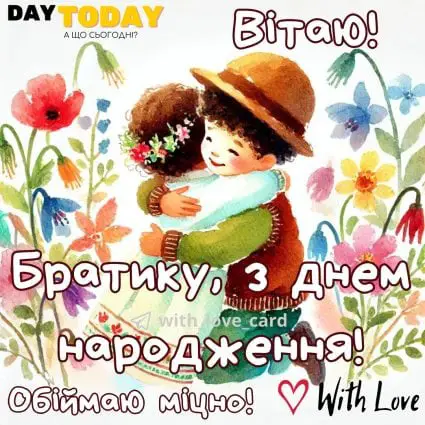 З Днем народження, братику! Обіймаю міцно! листівка для брата від сестри |Вітальна листівка - Листівки з днем народження - Брату ДН