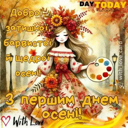 З першим днем осені! тепла осіння листівка з дівчиною-осінню, що розмальовує листочки | Вітальна листівка - Осіння листівка - Теплі листівки - Листівка на перший день осені