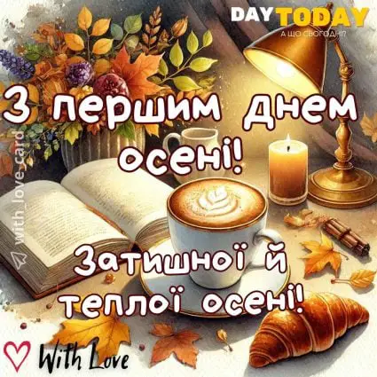 З першим днем осені! Затишної й теплої осені тепла осіння листівка з кавою, осінніми листочками та круасаном | Вітальна листівка - Осіння листівка - Теплі листівки - Листівка на перший день осені