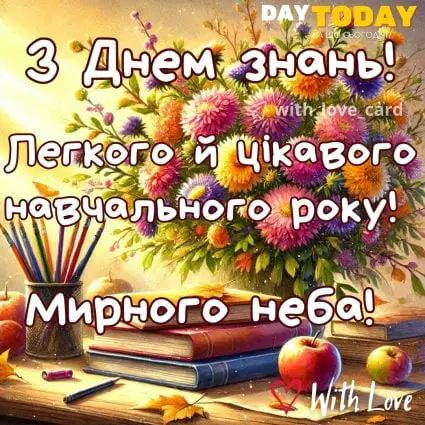 З Днем знань! Легкого і цікавого навчального року! тепла листівка з квітами | Вітальна листівка - Листівка на День знань
