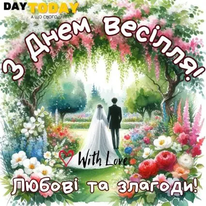 З днем весілля! Любові та злагоди! тепла листівка з квітами для наречених або на річницю весілля |Вітальна листівка - Весільні листівки - З днем весілля