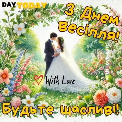 З днем весілля! Будьте щасливі! тепла листівка з квітами для наречених або на річницю весілля |Вітальна листівка - Весільні листівки - З днем весілля
