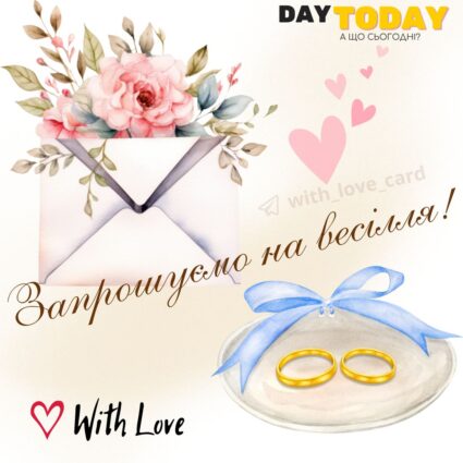Запрошуємо на весілля! тепла листівка-запрошення з квітами, конвертом та обручками |Вітальна листівка - Весільні листівки - З днем весілля