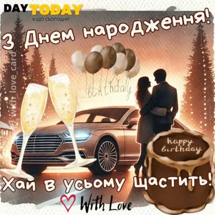 З Днем народження! Хай в усьому щастить! картинка для чоловіка, хлопця, друга, брата, кума, сина з тачкою, келихами та тортом, тепла листівка |Вітальна листівка - Листівки з днем народження - Чоловікам ДН