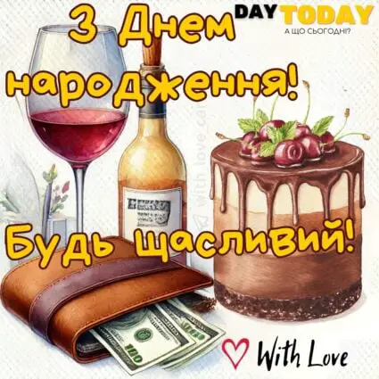 З Днем народження! Будь щасливий! картинка з тортиком та вином, тепла листівка |Вітальна листівка - Листівки з днем народження - Чоловікам ДН