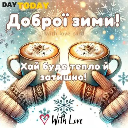 З першим днем зими! Доброї зими! картинка зимова з чашками кави та рукавичками | Вітальна листівка - Зимові листівки - Теплі листівки - Листівка на перший день зими