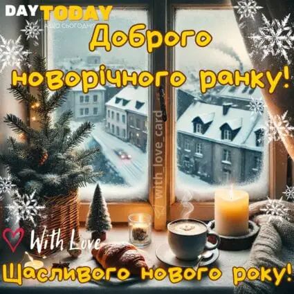 Доброго новорічного ранку! Щасливого нового року! картинка новорічна з чашкою кави та круасаном | Вітальна листівка - Доброго ранку - Добрий день - Теплі листівки - Зимові листівки - Листівки на Новий рік