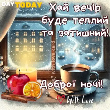 Доброї ночі! Добраніч! Хай вечір буде теплий та затишний! картинка з чашкою та свічкою на підвіконні, зимова листівка | Вітальна листівка - Доброї ночі - Теплі листівки