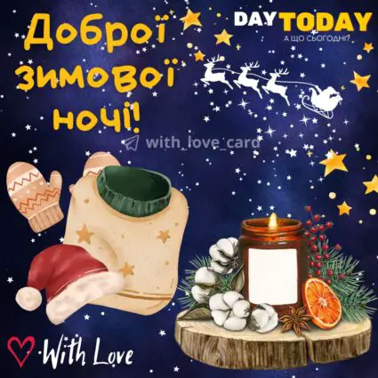 Добраніч! Доброї зимової ночі! картинка з Сантою, свічкою та зірочками, тепла листівка | Вітальна листівка - Доброї ночі - Теплі листівки - Зимові листівки