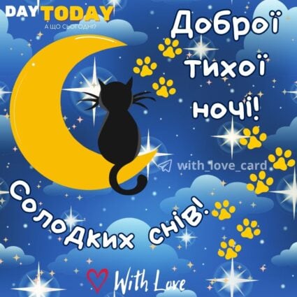 Добраніч! Тихої ночі! Солодких снів! картинка з котиком, місяцем та зірочками, тепла листівка | Вітальна листівка - Доброї ночі - Теплі листівки