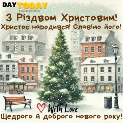 З Різдвом Христовим! Христос народився! Славімо його! Щедрого й доброго нового року! тепла листівка з ялинкою | Вітальна листівка - Листівки на Різдво Христове