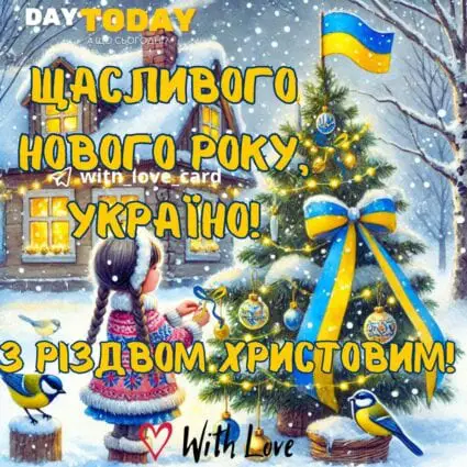 З Різдвом Христовим! З Новим роком! Щасливого Нового року, Україно! тепла листівка з ялинкою та синичками | Вітальна листівка - Листівки на Різдво Христове - Листівки на Новий рік