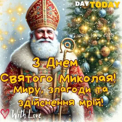 З Днем святого Миколая! Миру, злагоди та здійснення мрій! листівка зі святим Миколаєм | Вітальна листівка - Листівки на День святого Миколая