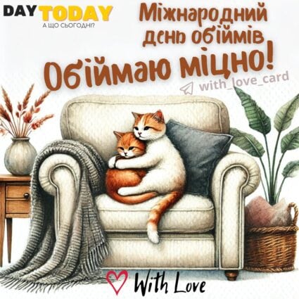 З Днем обіймів! Обіймаю міцно! листівка з котиками на Міжнародний день обіймів | Вітальна листівка - Теплі листівки - Листівка з обіймами - Листівки на Міжнародний день обіймів