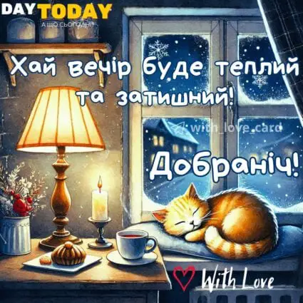 Доброї ночі! Добраніч! Хай вечір буде теплий та затишний! картинка з чашкою, свічкою та котиком на підвіконні, зимова листівка | Вітальна листівка - Доброї ночі - Теплі листівки