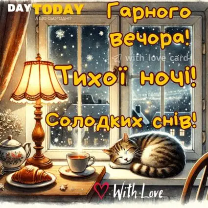 Доброї ночі! Добраніч! Гарного вечора! Тихої ночі! Солодких снів! картинка з чашкою, котиком та лампою, зимова листівка | Вітальна листівка - Доброї ночі - Теплі листівки