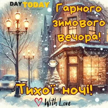 Доброї ночі! Гарного зимового вечора! Тихої ночі! картинка з засніженою вулицею, зимова листівка | Вітальна листівка - Доброї ночі - Теплі листівки