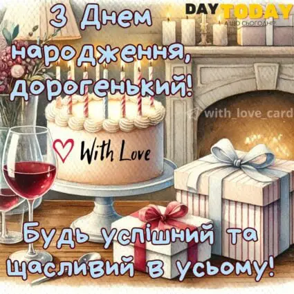 З Днем народження, дорогенький! Будь успішний та щасливий в усьому! листівка для чоловіків, для хлопця, сина, брата, друга, кума, чоловіка | Вітальна листівка - Листівки з днем народження - Чоловікам ДН
