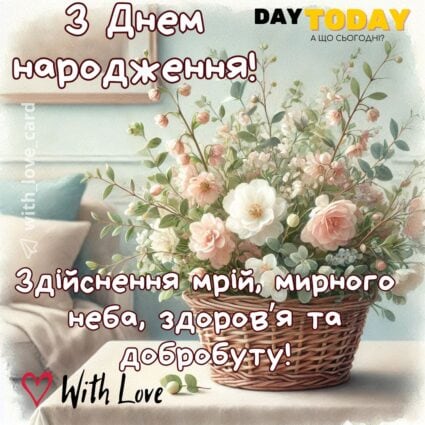 З Днем народження! Здійснення мрій, мирного неба, здоровʼя та добробуту! картинка з кошиком квітів |Вітальна листівка - Листівки з днем народження - З квітами ДН
