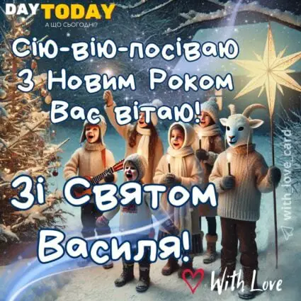 Зі святом святого Василя! Сію-вію-посіваю з новим роком вас вітаю картинка з посіванням діти біля ялинки На День Святого Василя | Вітальна листівка - Листівки на День святого Василя - Зимові листівки - Листівки на День ангела Василя