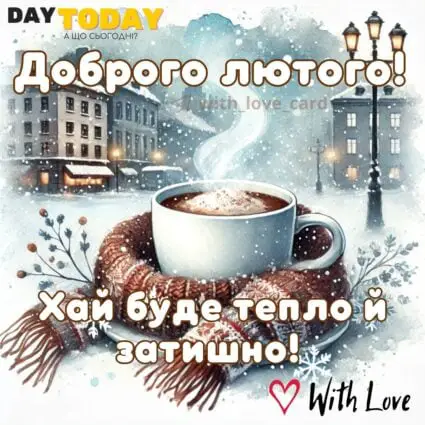 З першим днем останнього місяця зими! З першим днем лютого! Хай буде тепло та затишно! картинка на перший день лютого | Вітальна листівка - Листівки з першим днем лютого - Теплі листівки - Зимові листівки