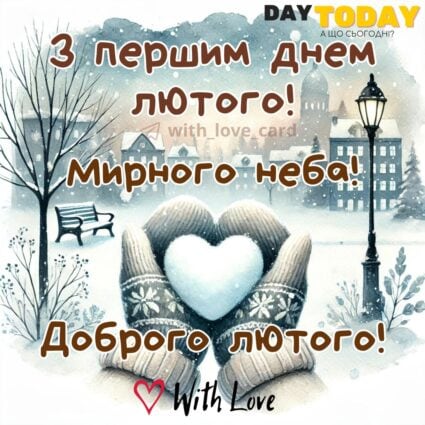 З першим днем лютого! Доброго ранку! картинка на перший день лютого зі сніжкою серденьком | Вітальна листівка - Листівки з першим днем лютого - Теплі листівки - Зимові листівки