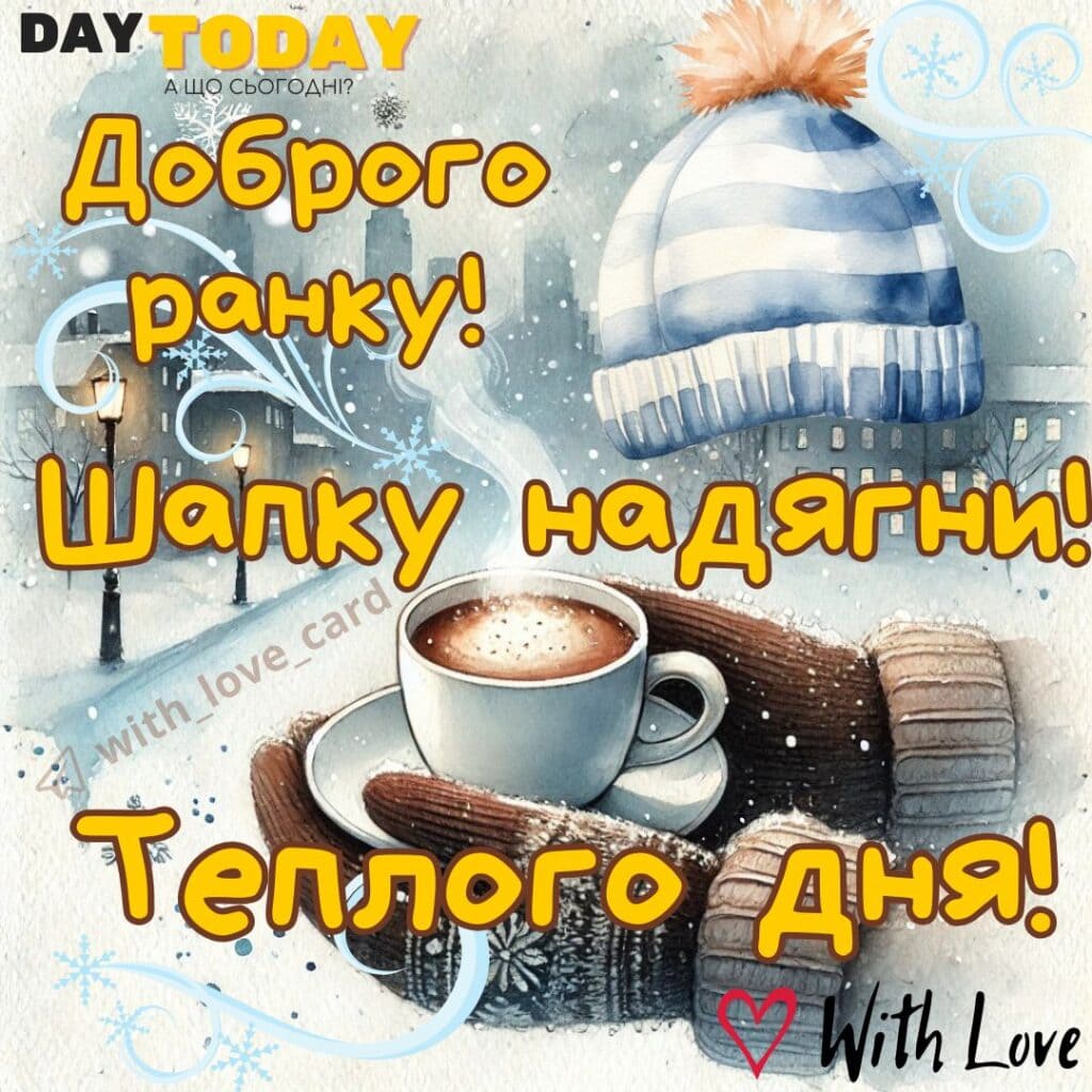 Доброго ранку! Шапку надягни! Теплого дня! картинка з чашкою кави та шапкою, зимова листівка | Вітальна листівка - Доброго ранку - Добрий день - Теплі листівки - Зимові листівки