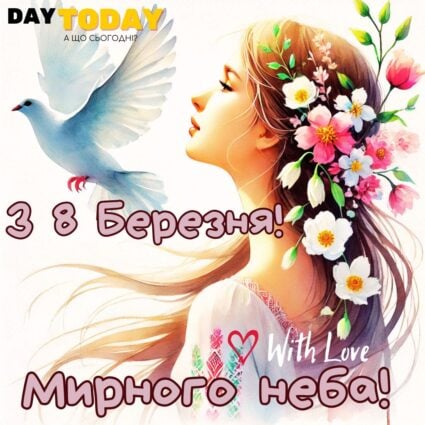 Зі святом 8 Березня! картинка з голубом миру, дівчиною та весняними квітами на Міжнародний Жіночий День | Вітальна листівка - Листівка на 8 березня