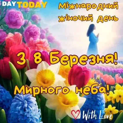 Зі святом 8 Березня! картинка з весняними квітами та жінкою листівка на Міжнародний Жіночий День | Вітальна листівка - Листівка на 8 березня