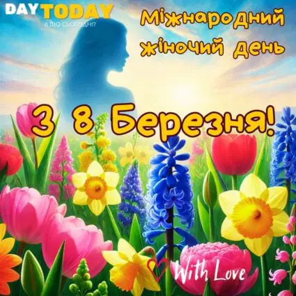 Зі святом 8 Березня! картинка з весняними квітами та силуетом жінки, листівка на Міжнародний Жіночий День | Вітальна листівка - Листівка на 8 березня