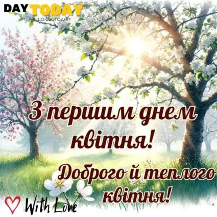 З першим днем квітня! Доброго й теплого квітня! картинка з квітучими деревами | Вітальна листівка - Листівка на перший день квітня
