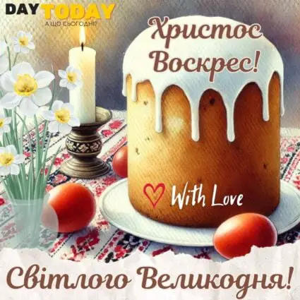 З Великоднем! Христос Воскрес! Світлого Великодня! листівка з крашанками та паскою | Вітальна листівка - Листівка на Великдень