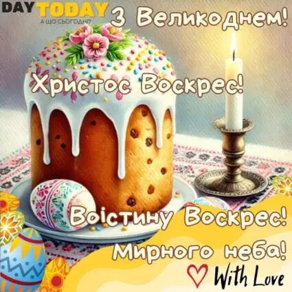 З Великоднем! Христос Воскрес! листівка з крашанками, паскою та свічкою | Вітальна листівка - Листівка на Великдень