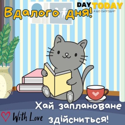 Доброго ранку! Вдалого дня! Хай заплановане здійсниться ! картинка з котиком та чашкою тепла листівка | Вітальна листівка - Доброго ранку - Добрий день - Теплі листівки