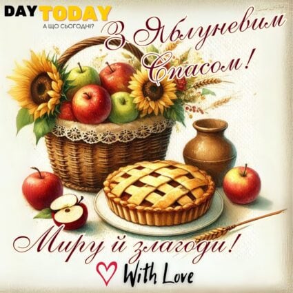 Миру та злагоди! Зі святом Яблуневого Спасу! тепла листівка з яблуками, яблучним пироггом та соняшниками | Вітальна листівка - Листівка на Яблуневий спас