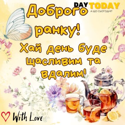 Доброго ранку! Хай день буде щасливим та вдалим! тепла листівка з квітами та чаєм | Вітальна листівка - Доброго ранку - Добрий день - Теплі листівки - Листівка на перший день серпня