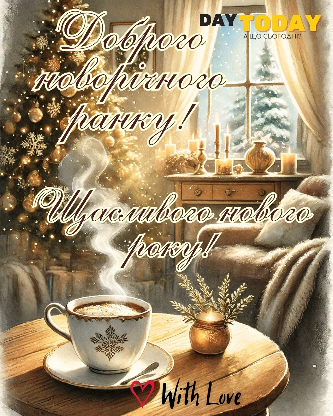 Доброго новорічного ранку! Щасливого нового року! картинка новорічна з чашкою кави та круасаном, ялинкою та свічкою | Вітальна листівка - Доброго ранку - Добрий день - Теплі листівки - Зимові листівки - Листівки на Новий рік