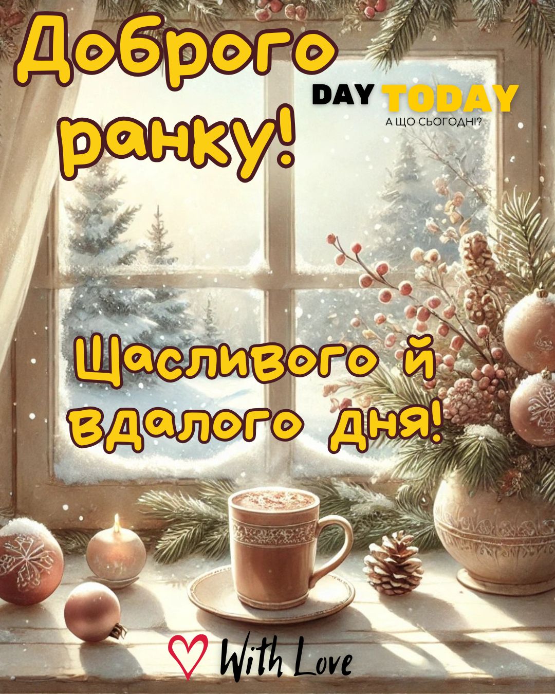 Доброго ранку! Щасливого й вдалого дня! картинка з чашкою кави на підвіконні, зимова листівка | Вітальна листівка - Доброго ранку - Добрий день - Теплі листівки - Зимові листівки