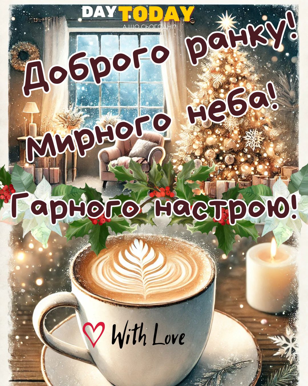 Доброго ранку! Гарного настрою! картинка з чашкою кави та різдвяною ялинкою, зимова листівка | Вітальна листівка - Доброго ранку - Добрий день - Теплі листівки - Зимові листівки