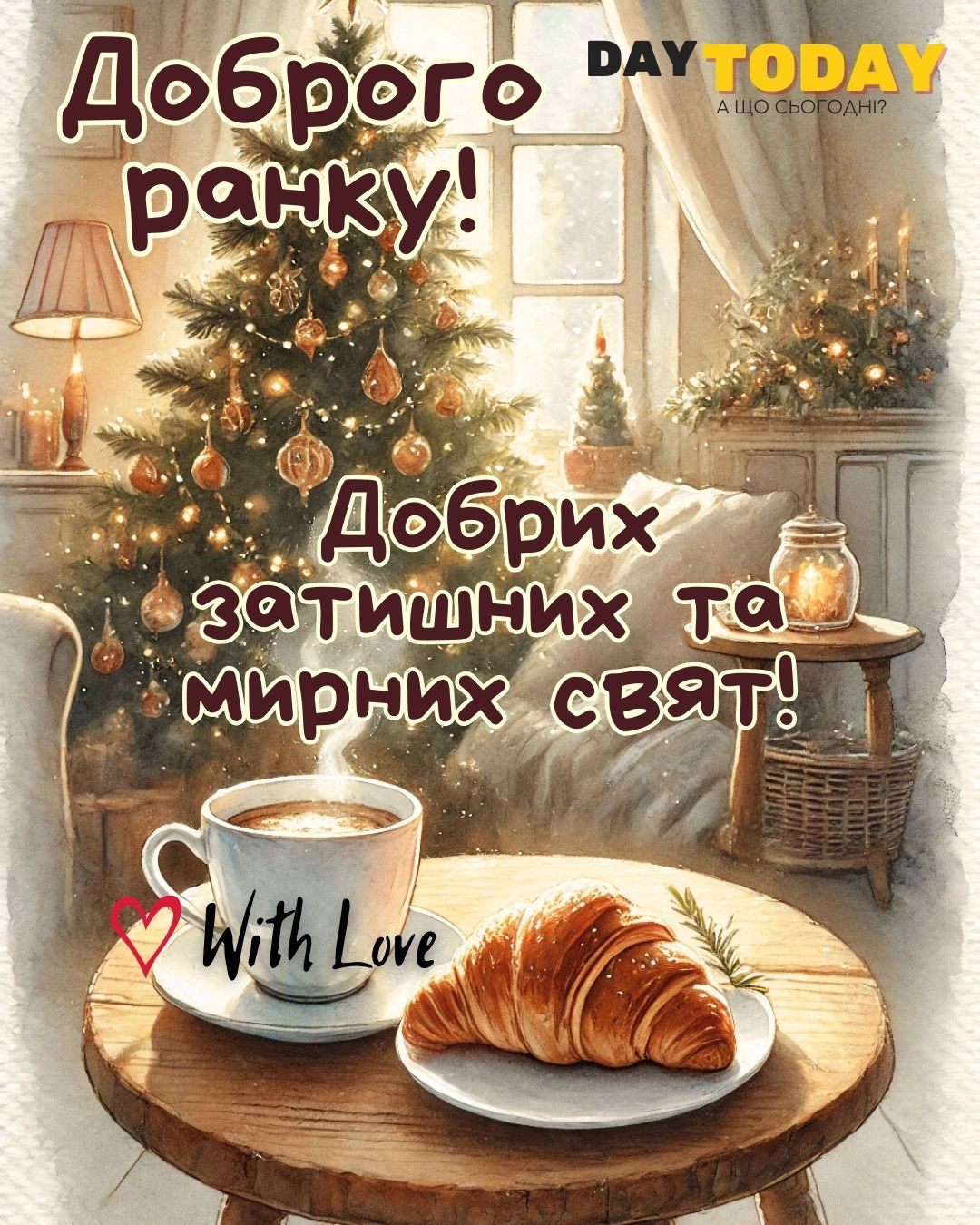Добрих затишних та мирних свят! різдвяна листівка з ялинкою | Вітальна листівка - Зимові листівки - Листівки на Різдво Христове - Листівки на Новий рік - Доброго ранку - Добрий день - Теплі листівки